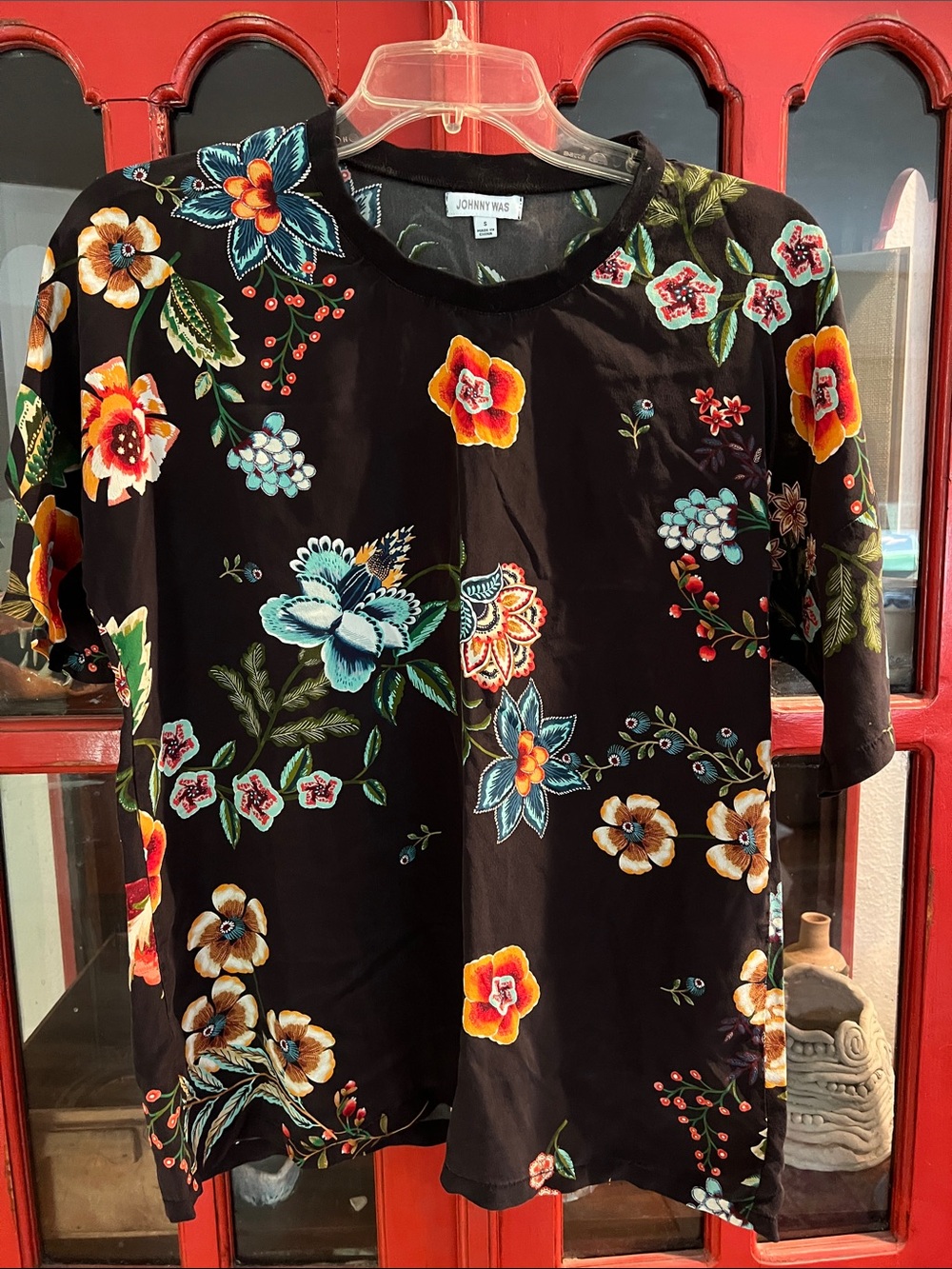 Johnny Was Black Floral Short Sleeve Tee with Multicolor Blooms